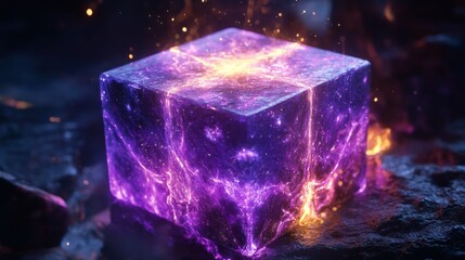 Obraz premium A glowing purple cube emits vibrant electric light in a mystical outdoor setting, blending surrealism and fantasy, perfect for futuristic or magical themes.. AI Generation