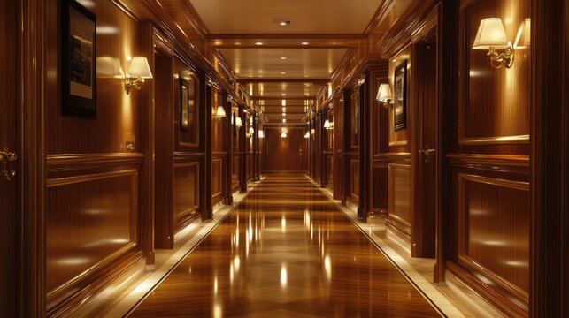 A corridor in a luxury cruise ship, with polished wooden paneling and soft lighting