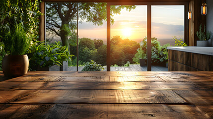A rustic wooden table for product placement with kitchen and garden in background. 