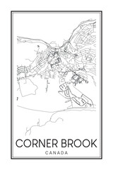 Printable downtown road map poster of the Canadian city of CORNER BROOK on solid white background with city name