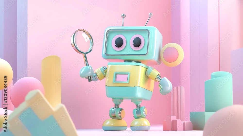 Poster a vibrant, multicolored robot holds a magnifying glass in a soft, pastel-colored room. the playful d