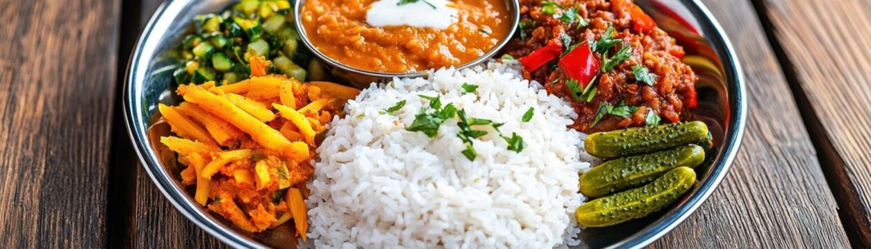 Nepali Meal of Daal Bhaat Tarkari Thakali Thali Meat Rice vegetables and pickle dhido meal dinner or lunch