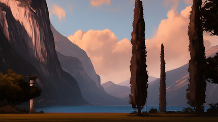 Obraz premium Scenic digital painting of a tranquil lakeside landscape at sunset with towering mountains, lush trees, and a lone statue on a pedestal. Serene and atmospheric view of nature in a classical art style