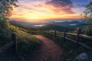 Obraz premium Breathtaking panoramic view of scenic hiking trail at sunrise with lush green hills and vibrant sky