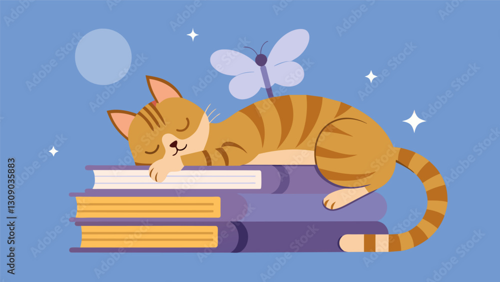 Poster a lazy tabby cat dozing on a pile of poetry occasionally stirring to chase away a wandering moth.. v