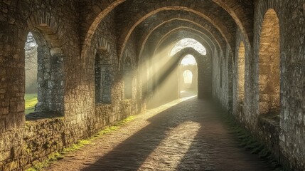 Obraz premium A corridor in an old castle, with stone walls, arched ceilings, and light streaming through slit windows 