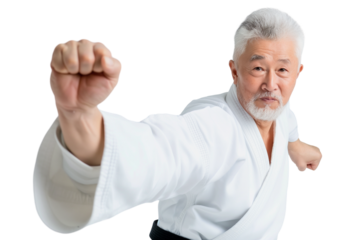 Confident middle-aged Korean male taekwondo instructor mid-kick isolated on transparent white background