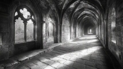Obraz premium A corridor in an old castle, with stone walls, arched ceilings, and light streaming through slit windows 