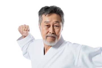 Confident middle-aged Korean male taekwondo instructor mid-kick isolated on transparent white background
