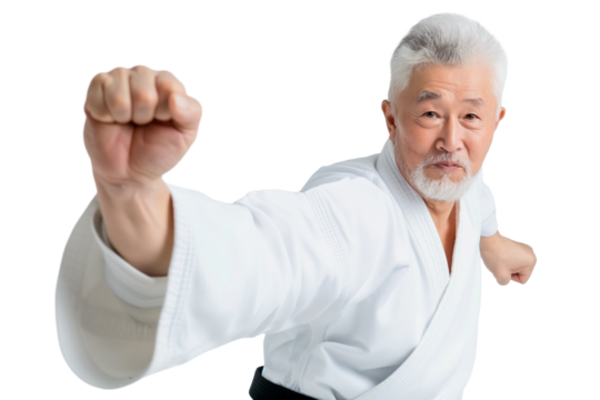 Confident middle-aged Korean male taekwondo instructor mid-kick isolated on transparent white background