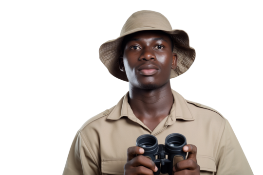 Determined young South African male ranger holding binoculars isolated on transparent white background