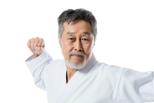 Confident middle-aged Korean male taekwondo instructor mid-kick isolated on transparent white background