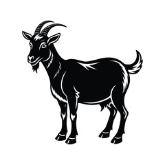Obraz premium Detailed farm goat with curved horns silhouette isolated on white background