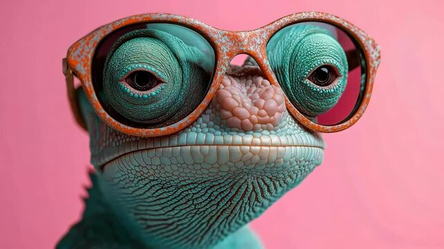 Lizard wearing glasses and looking at the camera. The lizard is wearing a pair of sunglasses and has a goofy expression on its face