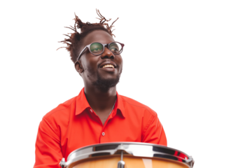 Playful young Jamaican male drummer mid-beat isolated on transparent white background