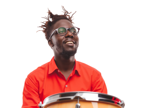 Playful young Jamaican male drummer mid-beat isolated on transparent white background
