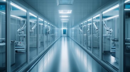Obraz premium A deserted corridor in a futuristic lab, with robotic arms visible through glass panels