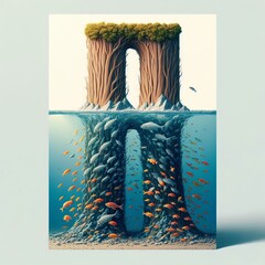 Lower letter portion appears underwater with fish swirling aroun