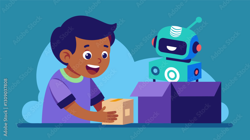 Poster the child carefully removes a voiceactivated robot from its box marveling at its smooth movements an