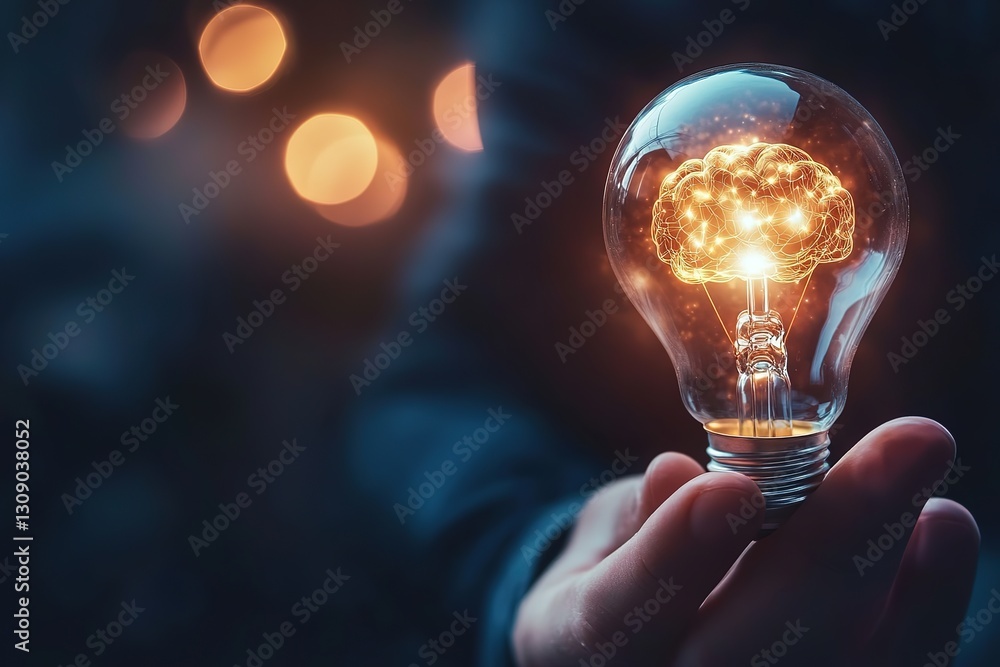 Poster person holds glowing virtual light with brain inside. creative concept of idea and smart thinking.. 