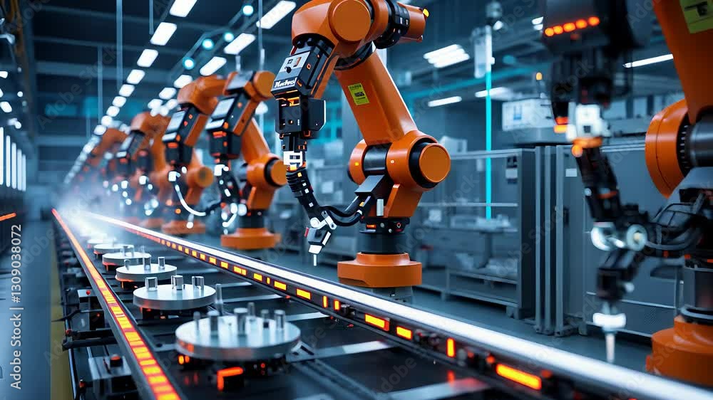 Poster automated industrial production line with advanced robotic arms operating in a high-tech smart facto