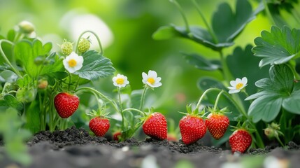 Ripe red strawberries growing in garden with green leaves and white flowers. Organic farming and gardening concept. Illustration for agriculture, food advertisement, and healthy eating articles.