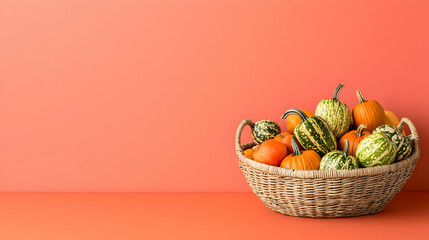 Basket Overflowing With Assorted Gourds Against Coral Background Showcasing Autumnal Colors and Textures