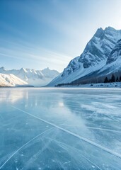 Ice surface cover, frozen lake and snow mountains