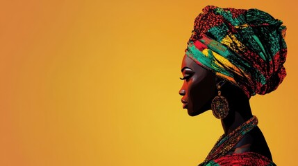 Obraz premium Beautiful Artistic Profile of a Woman with Traditional Head Wrap Against a Bold Orange Background