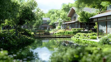 Zen Japanese Garden Scene with Tranquil Pond Reflection and Lush Greenery