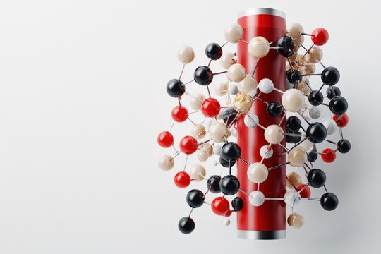 A vibrant molecular structure surrounding a red canister, symbolizing scientific innovation and chemical exploration.