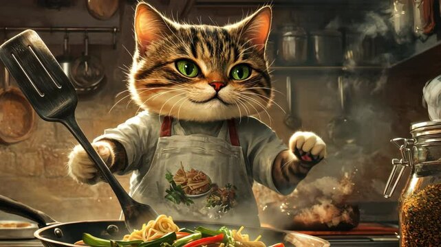 Bir kedi, mutfak tezgahında dururken, &ouml;nl&uuml;ğ&uuml;yle bir wok tava kullanarak Asya usul&uuml; yemek pişiriyor. Patisiyle bir spatula tutuyor ve tavanın i&ccedil;inde sebzeler ve erişteler g&ouml;r&uuml;n&uuml;yor.