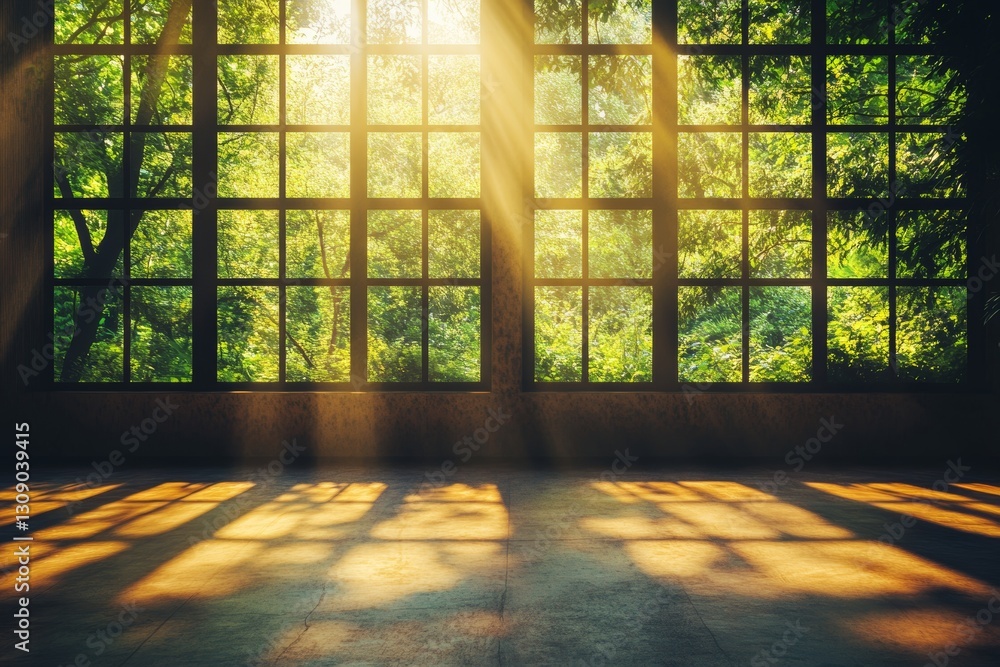 Poster sunlit interior scene with shadows from multi pane window enhances ethereal atmosphere and depth