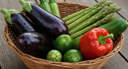 A rustic basket filled with fresh eggplants, zucchinis, asparagus, and red bell peppers, freshly harvested. High detail, farm-to-table aesthetic with earthy tones and natural light.
