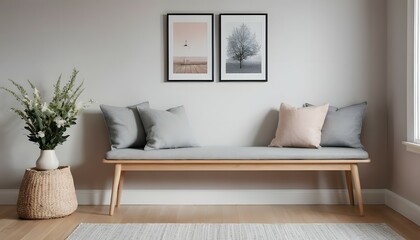 Naklejka premium Cozy Living Room with Bench and Decorative Wall Art Designs