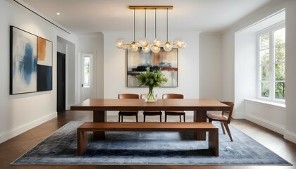 Fototapeta premium Elegant Modern Dining Room Interior with Wooden Table and Artwork