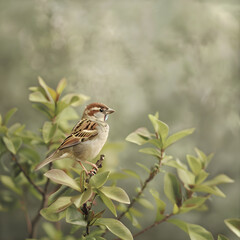 Fototapeta premium Tranquil Moment: A Sparrow Blending Harmoniously with Nature on a Delicate Tree Branch