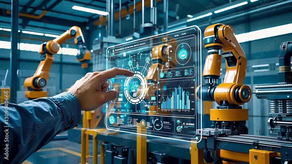 Poster futuristic smart factory with ai-powered robotic arms and holographic touchscreen interface for indu