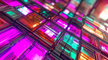 Futuristic abstract 3D digital landscape with vibrant neon glass tiles in shades of pink, orange, and teal, reflecting dynamic light and technology-inspired aesthetics