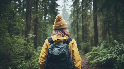 Obraz premium Solitude in the Verdant Forest, A Hiker's Journey