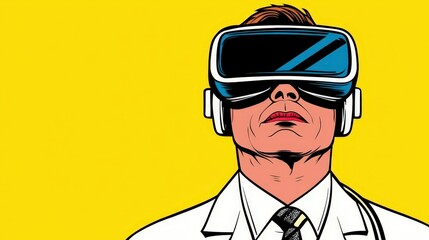Obraz premium A man wearing a white lab coat and a tie is wearing virtual reality goggles