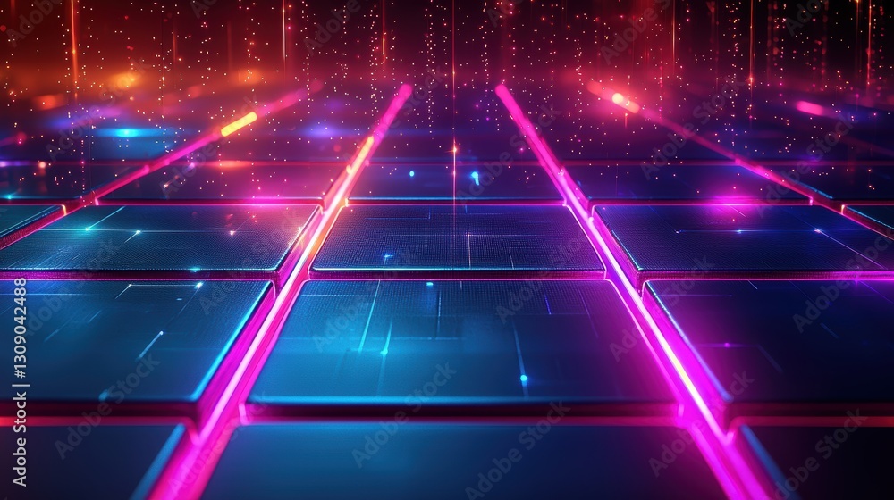 Poster dynamic neon grid display futuristic environment digital art vibrant colors abstract viewpoint