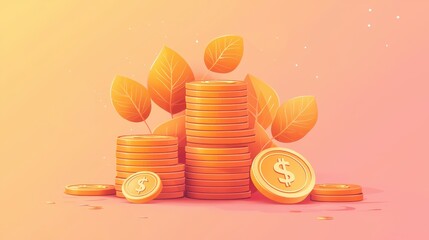 Financial growth stacked coins and leaves representing wealth digital artwork abstract style