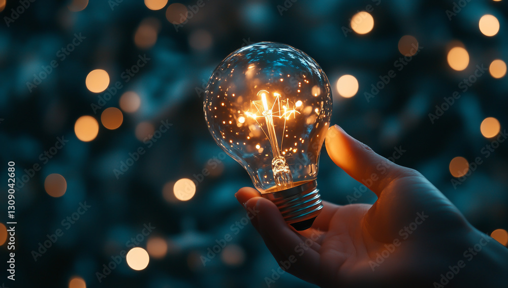 Poster hand holding a glowing light bulb with a digital data network connection and innovation technology c