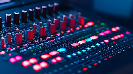 Detailed Close Up Of Illuminated Electronic Control Panel With Red Blue and Green Lights and Knobs