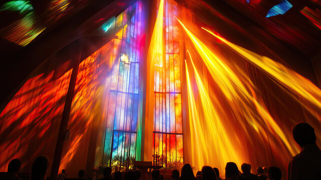 Pentecost celebration in a luminous church interior, where colored beams of light stream through stained glass windows onto a devoted congregation.