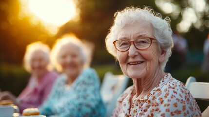 Joyful group of elderly friends enjoying a sunny day outdoors while chatting