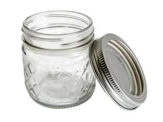 Captivating glass mason jar with twisted lid home kitchen product photography clean setting top view, isolated on white or transparent background