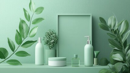 Elegant green skincare display home product arrangement minimalist eye level natural aesthetics