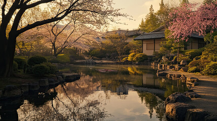 Showa Day scene in Japan featuring a traditional Japanese garden at dawn with blooming cherry blossoms, serene koi ponds, and subtle hints of historical architecture.